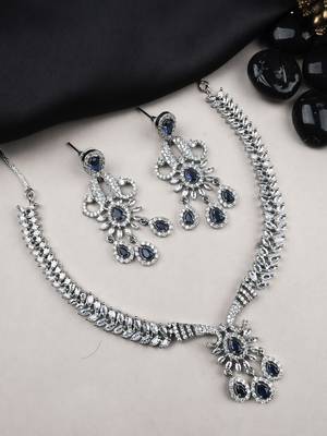 Designer silver-plated ad jewelry set with matching earrings – party wear set blue color 1