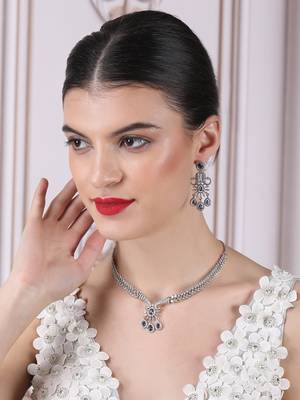 Designer silver-plated ad jewelry set with matching earrings – party wear set blue color 2