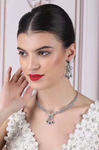 Designer silver-plated ad jewelry set with matching earrings – party wear set blue color