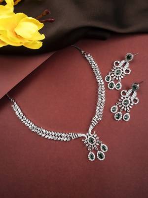 Designer silver-plated ad jewelry set with matching earrings     party wear set green color 1