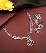 Designer silver-plated ad jewelry set with matching earrings – party wear set green color