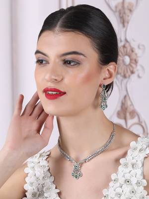 Designer silver-plated ad jewelry set with matching earrings     party wear set green color 2