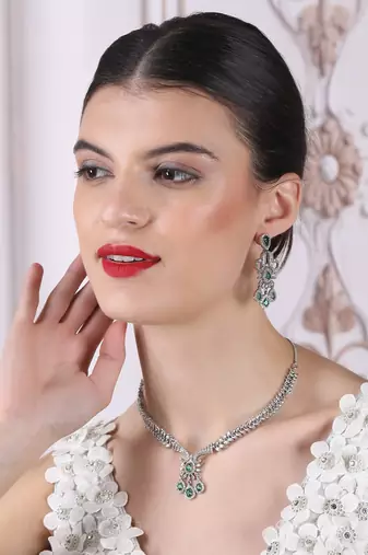 Designer silver-plated ad jewelry set with matching earrings     party wear set green color
