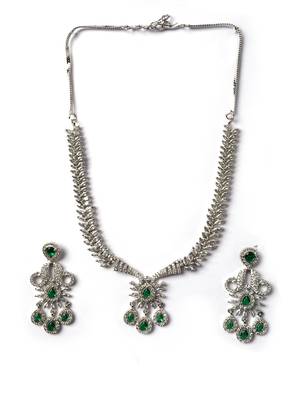 Designer silver-plated ad jewelry set with matching earrings     party wear set green color 3