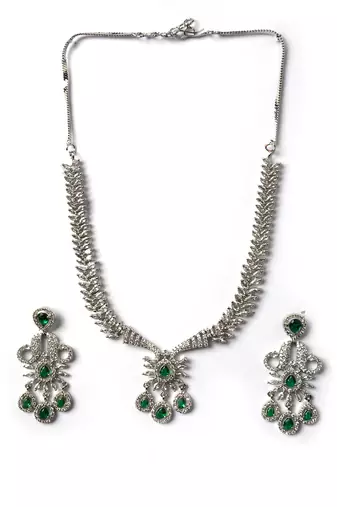 Designer silver-plated ad jewelry set with matching earrings     party wear set green color