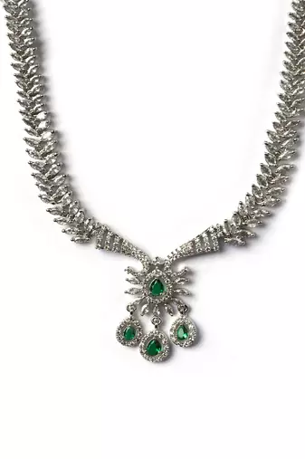 Designer silver-plated ad jewelry set with matching earrings     party wear set green color