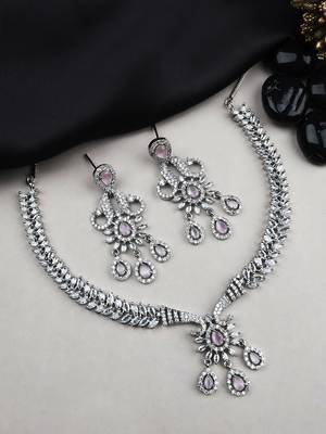 Designer silver-plated ad jewelry set with matching earrings     party wear set pink color 1