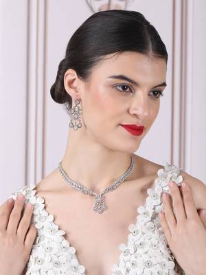 Designer silver-plated ad jewelry set with matching earrings     party wear set pink color 2
