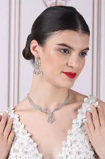 Designer silver-plated ad jewelry set with matching earrings     party wear set pink color