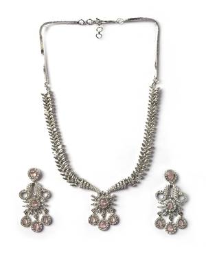 Designer silver-plated ad jewelry set with matching earrings     party wear set pink color 3