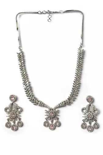 Designer silver-plated ad jewelry set with matching earrings     party wear set pink color