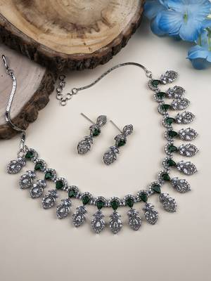 Silver-plated american diamond necklace and earrings set     ideal for weddings green color 1