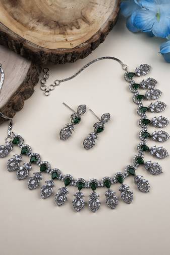 Silver-plated american diamond necklace and earrings set – ideal for weddings green color