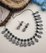Silver-plated american diamond necklace and earrings set     ideal for weddings green color