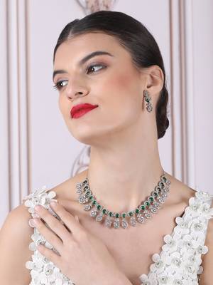 Silver-plated american diamond necklace and earrings set     ideal for weddings green color 2