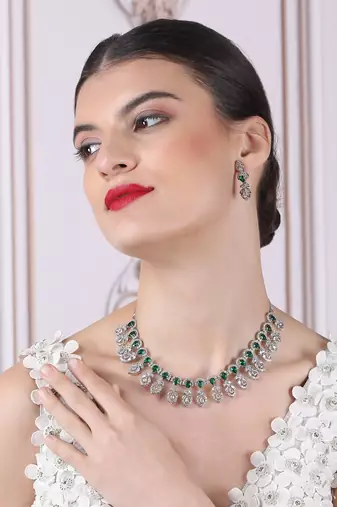 Silver-plated american diamond necklace and earrings set     ideal for weddings green color