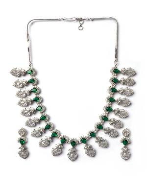 Silver-plated american diamond necklace and earrings set     ideal for weddings green color 3