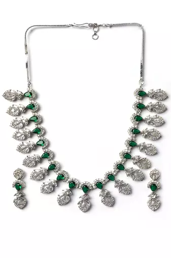 Silver-plated american diamond necklace and earrings set     ideal for weddings green color