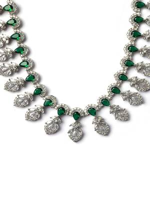 Silver-plated american diamond necklace and earrings set     ideal for weddings green color 4