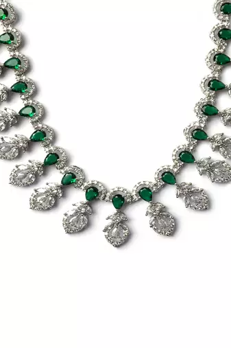 Silver-plated american diamond necklace and earrings set     ideal for weddings green color