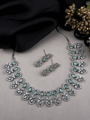 Silver-plated american diamond necklace and earrings set – ideal for weddings turquoise color 1