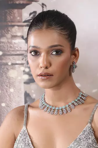 Silver-plated american diamond necklace and earrings set – ideal for weddings turquoise color