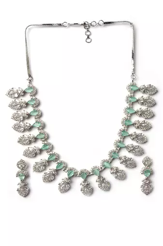 Silver-plated american diamond necklace and earrings set – ideal for weddings turquoise color