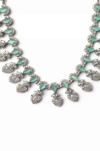 Silver-plated american diamond necklace and earrings set – ideal for weddings turquoise color