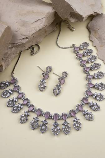 Silver-plated american diamond necklace and earrings set – ideal for weddings pink color