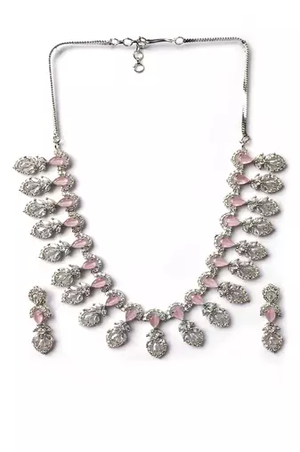 Silver-plated american diamond necklace and earrings set – ideal for weddings pink color