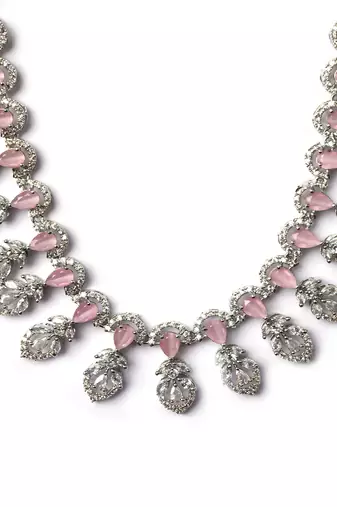 Silver-plated american diamond necklace and earrings set – ideal for weddings pink color