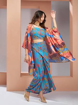 Elegant aqua blue printed muslin silk skirt set 1