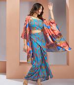 Elegant aqua blue printed muslin silk skirt set