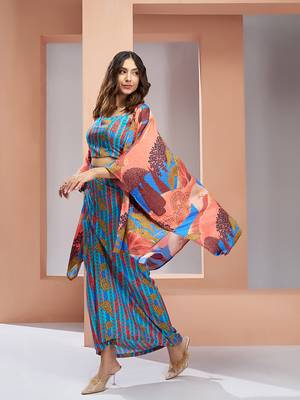 Elegant aqua blue printed muslin silk skirt set 2