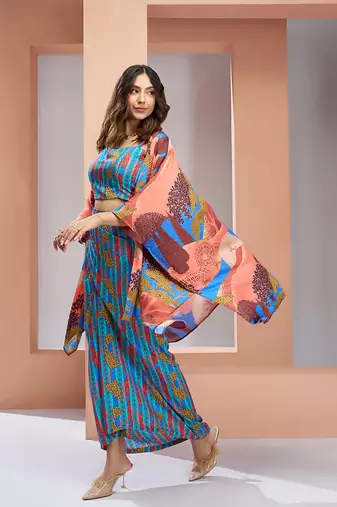 Elegant aqua blue printed muslin silk skirt set