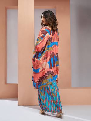 Elegant aqua blue printed muslin silk skirt set 3