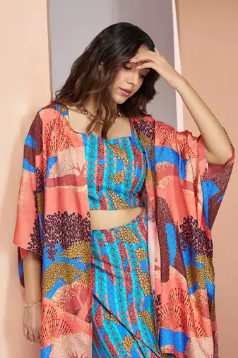 Elegant aqua blue printed muslin silk skirt set