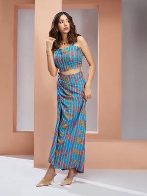 Elegant aqua blue printed muslin silk skirt set 5