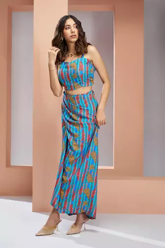 Elegant aqua blue printed muslin silk skirt set