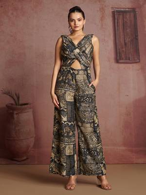 Elegant black printed muslin jumpsuit set 1