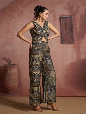 Elegant black printed muslin jumpsuit set 2