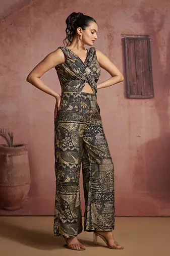 Elegant black printed muslin jumpsuit set