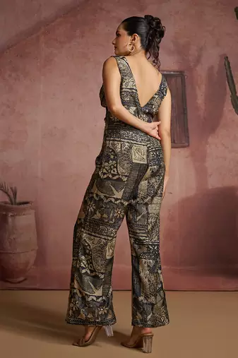 Elegant black printed muslin jumpsuit set