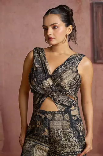 Elegant black printed muslin jumpsuit set
