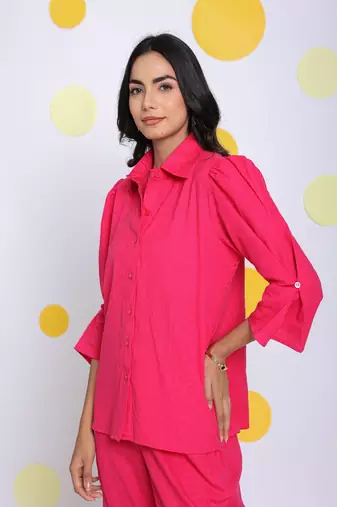 Hot pink shirt and pant 2 piece set summer relaxed linen co-ord set