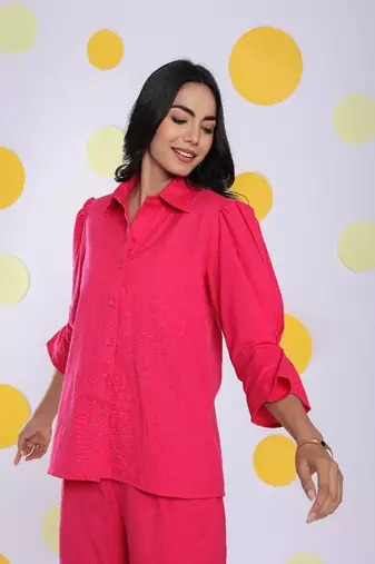 Hot pink shirt and pant 2 piece set summer relaxed linen co-ord set