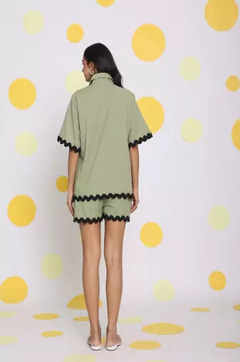 Green zig zag lace buttoned relaxed collared shirt and shorts linen co-ord set