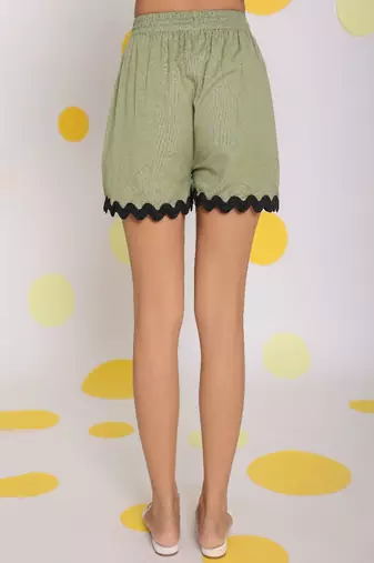 Green zig zag lace buttoned relaxed collared shirt and shorts linen co-ord set