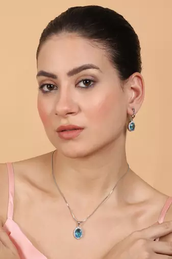 American diamond crystal blue pendant set for daily wear - classy & timeless look