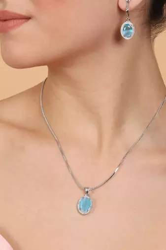 American diamond sea blue pendant set for daily wear - classy & timeless look